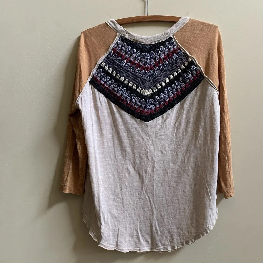 We the Free People Spring Bound Crochet Yoke Linen Blend Top Boho Women's SZ - S